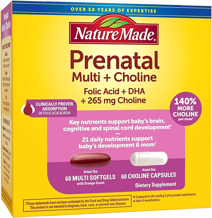 Nature Made Prenatal Vitamin Softgels + Choline Capsules, Folic Acid + DHA + Choline, 60 Prenatal Vitamins for Women, 60 Choline Supplements Capsules, 60 Day Supply