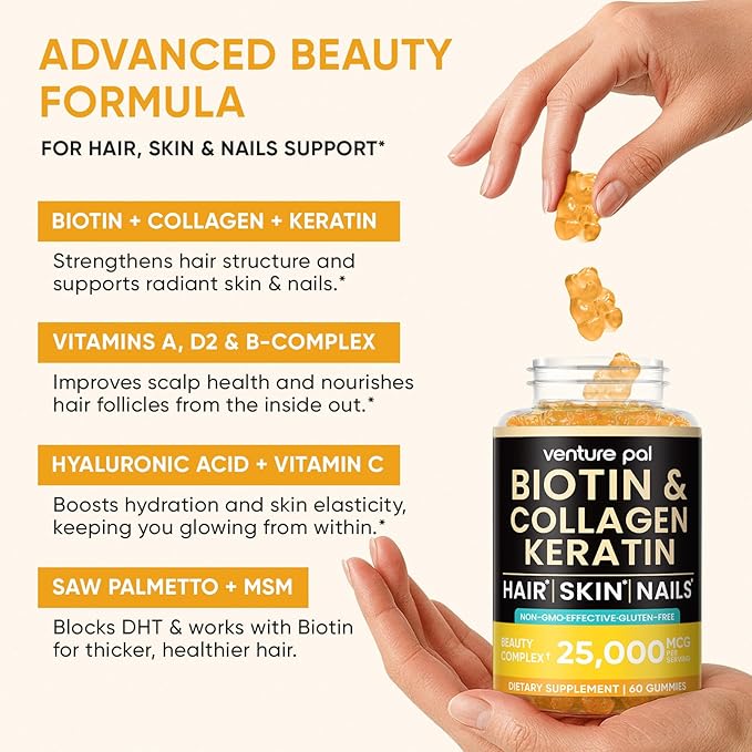 Venture Pal Biotin Gummies with Collagen & Keratin - Hair Growth Support Skin and Nail Strength Vitamins for Women & Men - Biotin 10000mcg | B-Complex | Saw Palmetto - Sugar Free, Non-GMO, 60ct