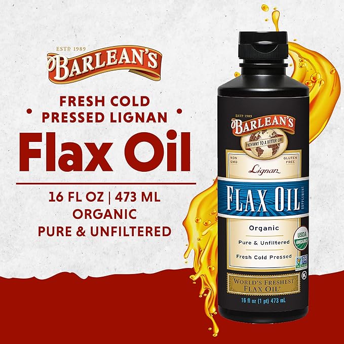 Barlean's Organic Lignan Flaxseed Oil Liquid Supplement from Cold Pressed Flax Seeds - 7,230 mg ALA Omega-3 Fatty Acids for Heart Health, Vegan and Gluten Free, 16 oz
