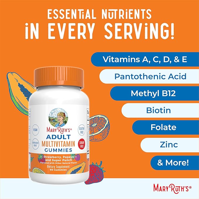 MaryRuth Organics Multivitamin for Women and Men | Sugar Free | Adult Multimineral Gummy with Vitamin C | D and E | B Vitamins | Biotin | Zinc | Vegan | Non-GMO | Gluten Free | 60 Count