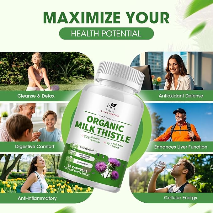 Liver Support Supplement with Milk Thistle Extract with Silymarin, Glutathione, Dandelion, Artichoke - Liver Cleanse Detox Repair, Antioxidant Support- 90 Capsules