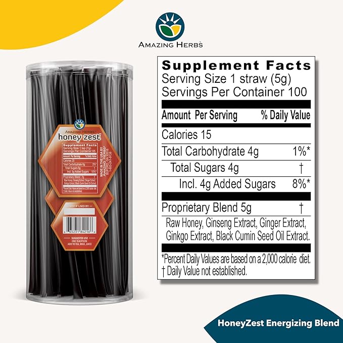 Amazing Herbs Raw Natural Honey - Herbal Honey Infused with Ginseng, Ginger, Ginkgo Extracts & Pure Black Seed Oil, Non GMO, Gluten Free Immune Booster - Honeyzest Energizing Straws, 100 Count