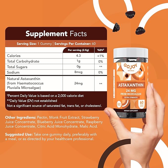 Chewable Astaxanthin Gummies - Natural Astaxanthin 24mg Antioxidant Supplement - Vegan, Non-GMO, Sugar-Free, Gluten-Free, Soy-Fee, 3rd Party Lab Tested - 2 Month Supply (60 Gummies)
