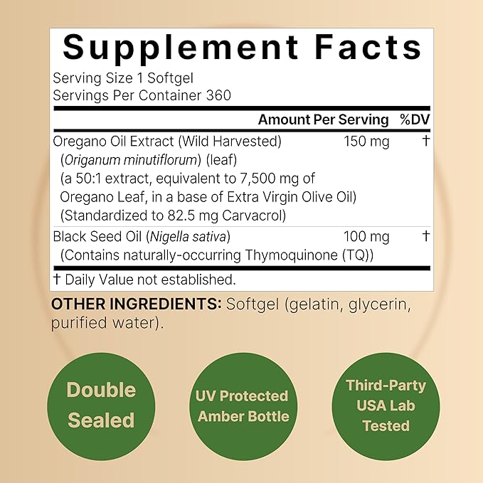 NatureBell Oregano Oil 7,500mg with Black Seed Oil, 360 Softgels | 360-day Supply Essential Oils for Immune Health | Retains High Concentrated Carvacrol & Thymoquinone – Non-GMO