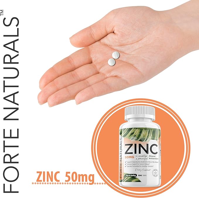 Zinc 50mg, (100 Tablets), Specially Formulated for Sensitive Stomach, Immune Support, Skin & Hair, Vegan Zinc Supplement, Non-GMO Made in USA