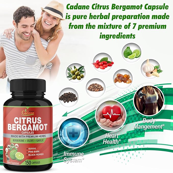 Organic Cadane Citrus Bergamot Supplement Capsules with Berberine, Olive, Guggul, Garlic, Pine Bark, Black Pepper - 150 Caps for 5 Months Supply