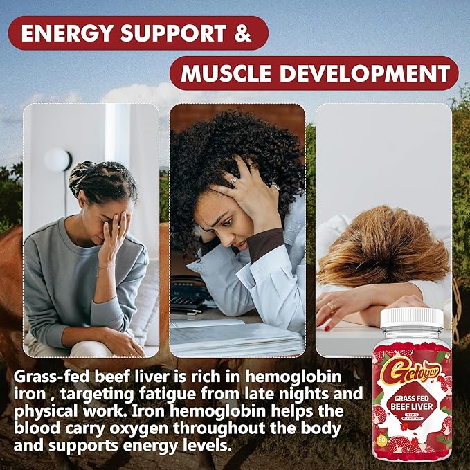 Beef Liver Supplement - Grass Fed Beef Liver Gummies, Heme Iron Supplement with Folate, Vitamin C & L-Lysine - Energy Support for Fatigue & Muscle Recovery, Non GMO, Gluten-Free, 60 Counts