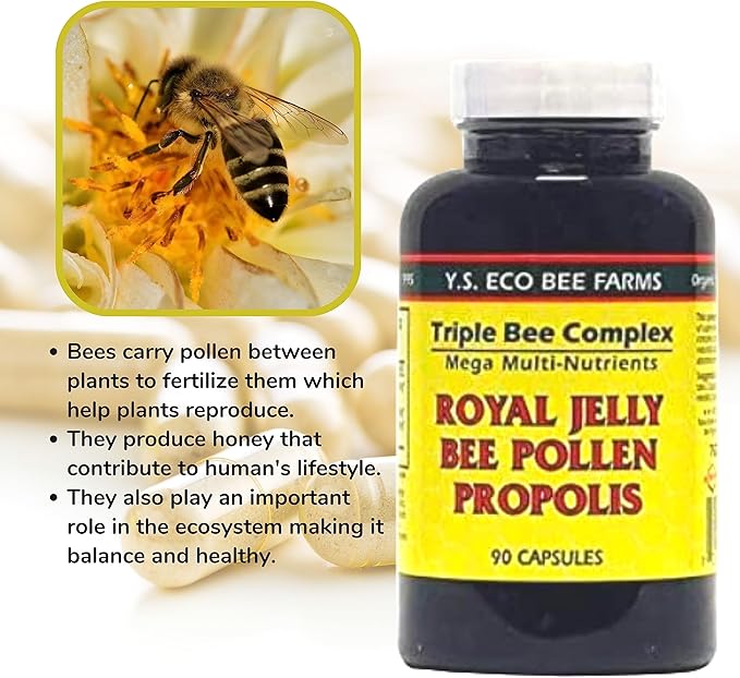 YS Organics Triple Bee Complex, Royal Jelly, Bee Pollen, Propolis - The Power of Nature Packed in 90 Capsules with Bonus worldwidenutrition Multi Purpose Key Chain