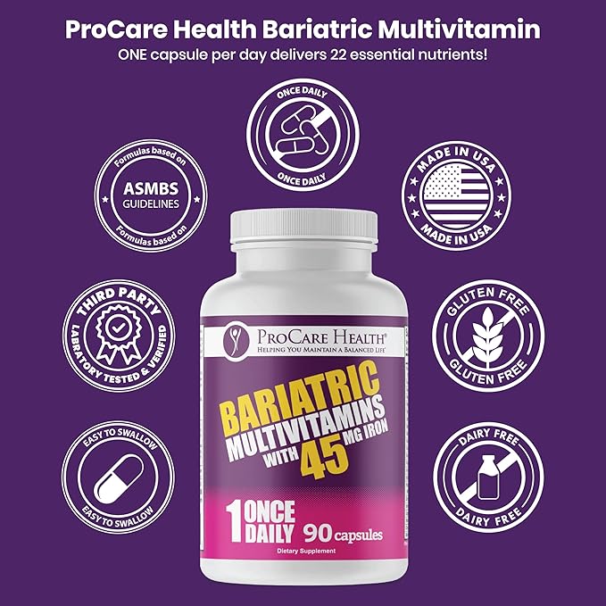 ProCare Health Bariatric Multivitamin with Iron 45mg (90 Easy to Swallow Capsules) - Post Op Bariatric Vitamins for Gastric Bypass Pills for Sleeve Patients, Sustain Recovery & Energy (3 Month Supply)