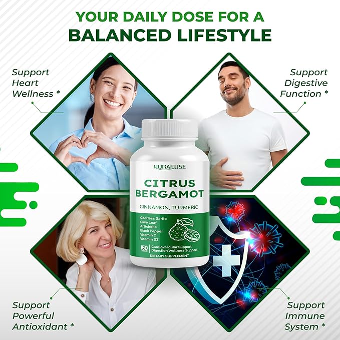 Citrus Bergamot 9-in-1 Formula - with Cinnamon Turmeric Odorless Garlic, Olive Leaf, Artichoke - Made and Tested in The USA