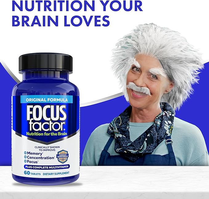 Focus Factor Nutrition for The Brain, Improved Memory & Concentration Brain Supplement, Complete Multivitamin with Vitamins B6, B12, D, Bacopa Monnieri & Tyrosine, 60 Count
