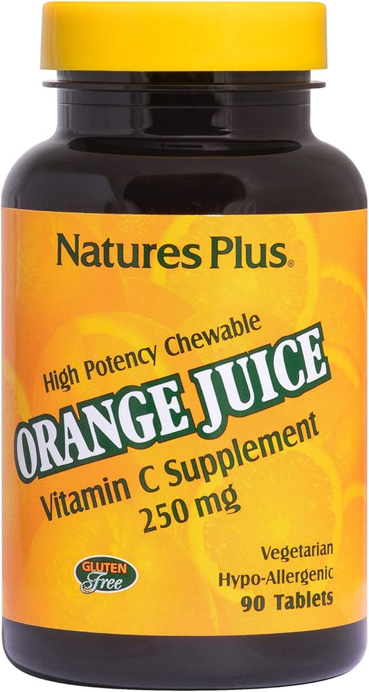 Natures Plus Orange Juice Chewable Vitamin C - 250 mg, 90 Vegetarian Tablets - High Potency Immune Support Supplement, Antioxidant - Gentle On Stomach - Gluten-Free - 90 Servings