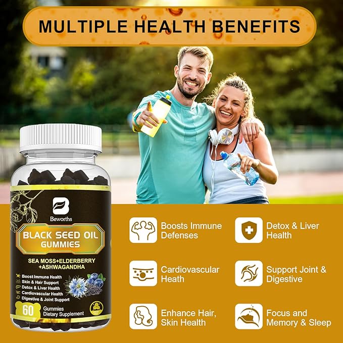 Black Seed Oil & Sea Moss Gummies, Organic Irish Sea Moss Gummies with Ashwagandha, Black Seed Oil, Elderberry, Turmeric, Vitamin D3/C and Zinc - Support Joints, Digestion, Hair & Skin