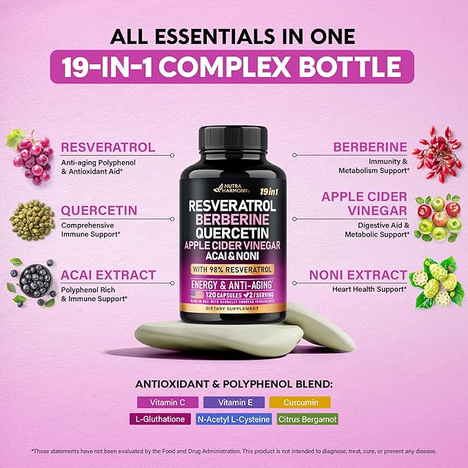 Resveratrol Supplement - 19-in-1 Organic Polyphenol Complex - Noni Extract | Berberine | Quercetin | Apple Cider Vinegar | Acai - Made in USA - Antioxidant & Heart Health Support - 120 Capsules