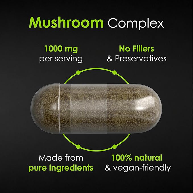 Mushroom Complex - Shiitake, Lions Mane, Cordyceps, Turkey Tail, Maitake, Reishi, Agaricus Mushrooms Supplement Capsules - Cognitive Improvement - Immune Support - Energy Booster - 90 Caps