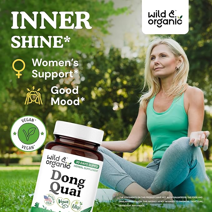 Wild & Organic Dong Quai Capsules for Women - 1000 mg per Serving - Dong Quai Root Supplement - 30-Day Supply - Traditional Angelica Sinensis - Non-GMO, Vegan - 60 Count