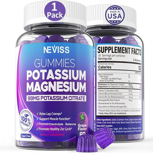 Potassium Magnesium Gummies - Potassium Supplement w/Ashwagandha 200mg, High Absorption Magnesium Glycinate,B6,B12,P-otassium Citrate for Leg Cramps,Muscle,Electroyte for Adults Kids,Sugar-Free,1Pack