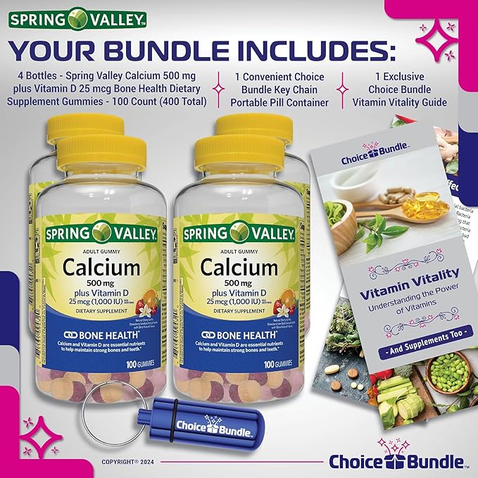 Spring Valley Calcium 500 mg Plus Vitamin D 25 mcg Bone Health Dietary Supplement Gummies, 100 Ct 4 pk (400 Total) + Vitamin Guide and Pill Container (6 Items)!