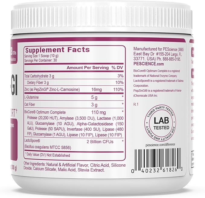 PEScience Complete-GI Gut Health Powder, Raspberry, Probiotics for Women and Men, Digestive Enzymes, Prebiotic Fiber, L Glutamine, Zinc Carnosine, 30 Servings