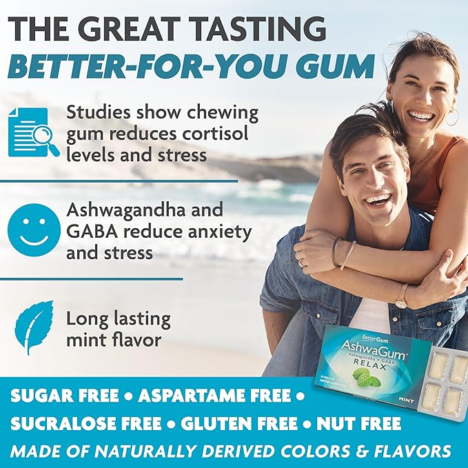 AshwaGum RELAX Gum by BetterGum, High Potency Supplement with KSM 66 Ashwagandha and Gaba, Supports Stress and Tension Relief, Alternative to Gummies, Sugar-Free, 10 Pieces - 6 Pack
