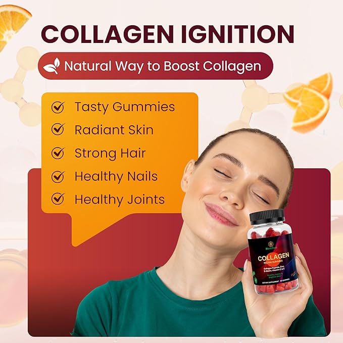 Collagen Gummies for Women & Men with D-Biotin, Vitamin C, E & Zinc - Gluten Free Collagen Peptides, Orange Flavor - Support Skin, Hair & Nail Health - 60 Gummies