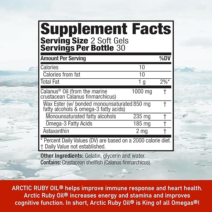 Arctic Ruby Oil - Omega 3 Supplement with Astaxanthin 2mg - Contains Essential Fatty Acids & Antioxidants - Supports Heart, Brain, Eye, Skin, Joint & Immune Health - 60 Softgels (1 Pack)