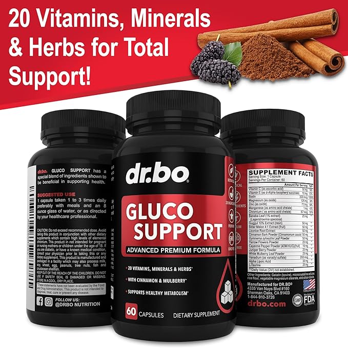 Gluco Support Supplement Capsules - Boost Metabolism Supplements, Vitamin Herbal Formula Pill - Ultra Balance Optimizer Vitamins, Chromium, Cinnamon, Bitter Melon Leaf, Gymnema, Vanadium - 60 Pills