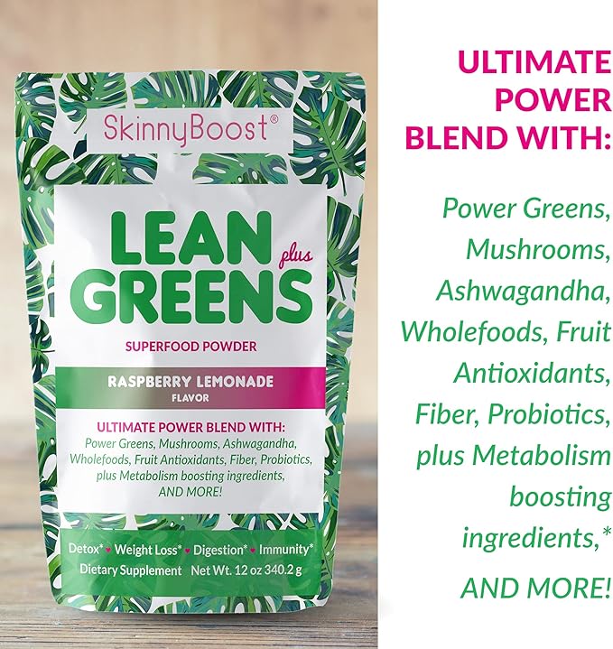 SkinnyBoost - Lean Greens & Super Food Powder - Ultimate Power Blend with Green Tea, Mushroom Blend, Ashwagandha, Spirulina Algae & Wholefoods - Natural Detox & Clean Energy - 30 Servings -12 Oz