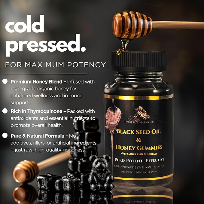 Pure Black Seed Oil and Honey Gummies - 2000mg Per Serving, Maximum Potency - Cold Pressed Natural Black Seed Oil with Honey - 2% Thymoquinone, Nigella Sativa - Potent Formula - Tastes Like Candy