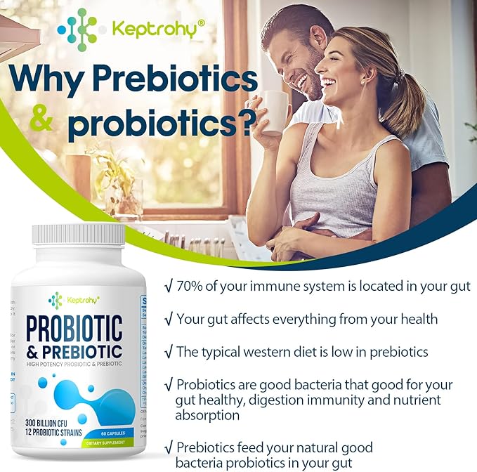 Probiotics for Women and Men, 300 Billion CFU Probiotics from 12 Strains Probiotic, Organic Prebiotics Blend, Shelf Stable Probiotic Supplement for Gut Immune & Digestive Health, 180 Capsules
