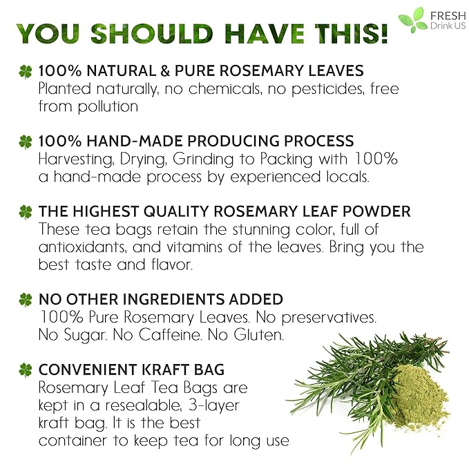 FreshDrinkUS, 20 Rosemary Leaf Tea Bags - 100% Natural and Pure Rosemary Dried Leaves, No Additives, No Caffeine, No Gluten, Vegan