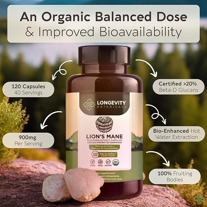 Longevity Botanicals Organic Lion’s Mane Mushroom Extract Capsules (120) | Concentrated 8:1 Ratio | 100% Fruiting Bodies | Hericium Erinaceus Nootropic Supplement for Focus, Memory & Brain Support