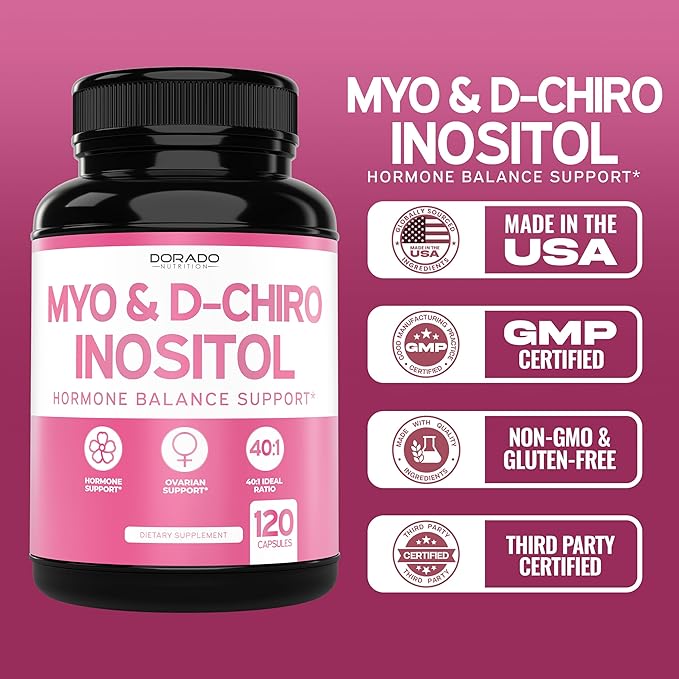 Myo-Inositol & D-Chiro Inositol Supplement (120 Capsules, 2050mg Per Serving Ideal 40:1 Ratio Myo Inositol) For Hormone Balance for Women - Third Party Tested, Vegan Safe & USA Made - 120 Count