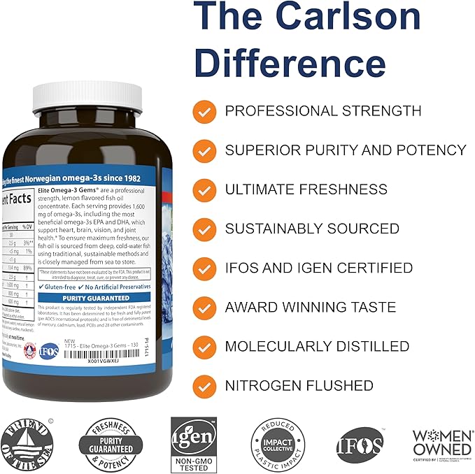 Carlson - Elite Omega-3 Gems, 1600 mg Omega-3 Fatty Acids Including EPA and DHA, Norwegian, Wild-Caught Fish Oil Supplement, Sustainably Sourced Omega 3 Fish Oil Capsules, Lemon, 130 Softgels