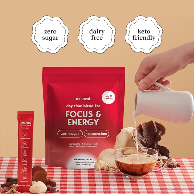 Moment Morning Energy Chai (SHARK TANK) | Coffee Alternative with Cacao, Adaptogens & Mushrooms | Zero Sugar Powder | Ashwagandha, Chaga, Lions Mane, L-theanine for Focus | Keto | 15 Servings