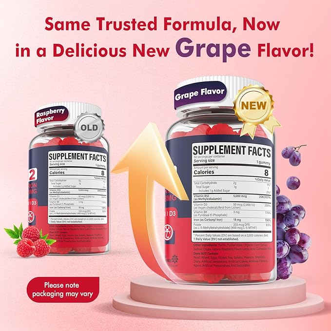 Iron 18mg + B12 Vitamins 5000 mcg Gummies for Adults Women & Men - w/Ultra Strength Active Methyl B-12, L-MethylFolate & B6 (P5P) - Carbonyl Iron Supplement Gummy for Energy, Immune & Focus,120Cts