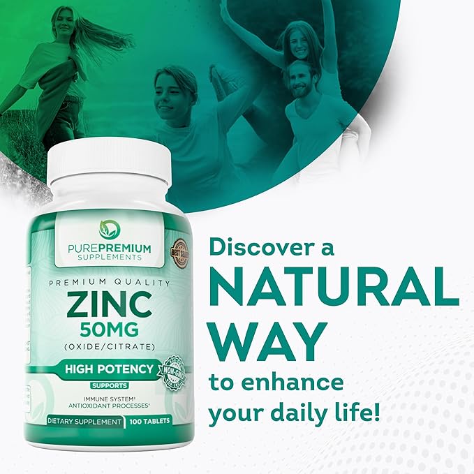 PurePremium Natural Zinc 50mg Supplements for Men & Women - High Potency Vitamin Zinc Citrate/Oxide for Adults, Immune Antioxidant, Energy Support - 100 Tablets