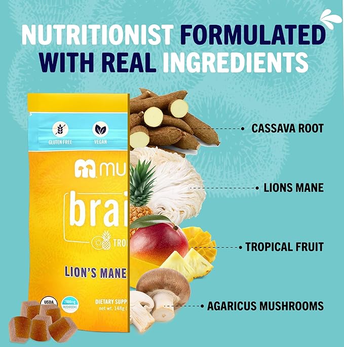 Mushie 100% Organic Lion’s Mane Mushroom Gummies for Adults & Kids Focus - 2000mg Lions Mane Nootropic for Brain, Cognitive, Memory & Immune Support - Vegan, Gluten-Free - 60 Count