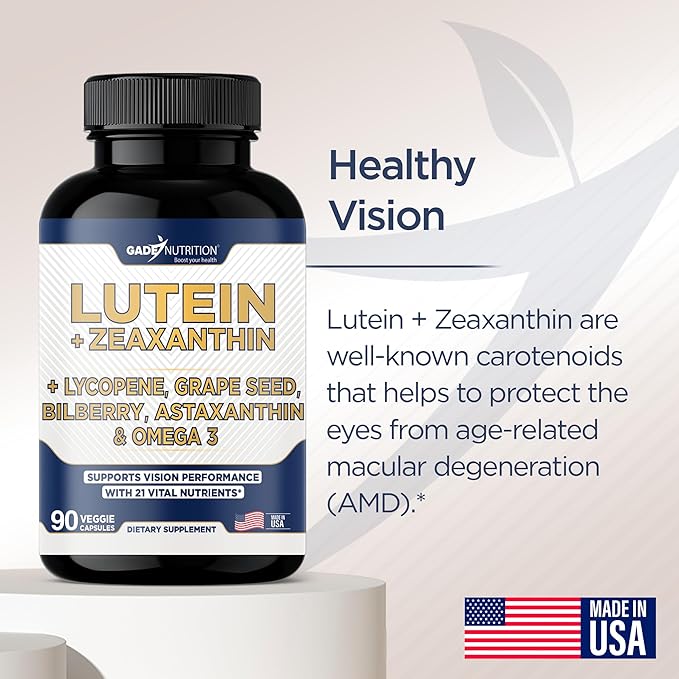 Gade Nutrition Lutein and Zeaxanthin Supplements | Astaxanthin, Omega 3, Resveratrol, Bilberry, Lycopene, Quercetin, Ginkgo Biloba, Vitamin D - Eye Health Vitamins, Eye Support, Health Vision Formula