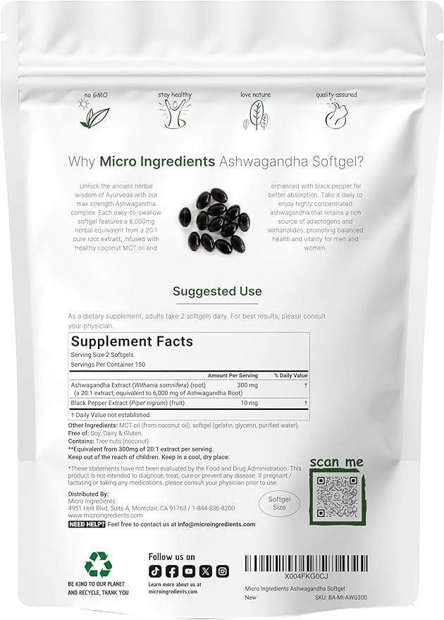 Ashwagandha Supplements 6,000mg Per Serving | 300 Coconut MCT Oil Softgels with Black Pepper for Better Absorption | Potent Root Extract | Natural Herbal Support for Relaxation | Non-GMO