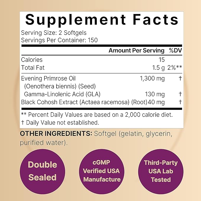NatureBell Evening Primrose Oil with Black Cohosh, 1,300mg Per Serving, 300 Mini-Softgels | Cold Pressed Seeds, Retains 130mg GLA for Womens Health & Skin Care Support – Hexane Free, Non-GMO