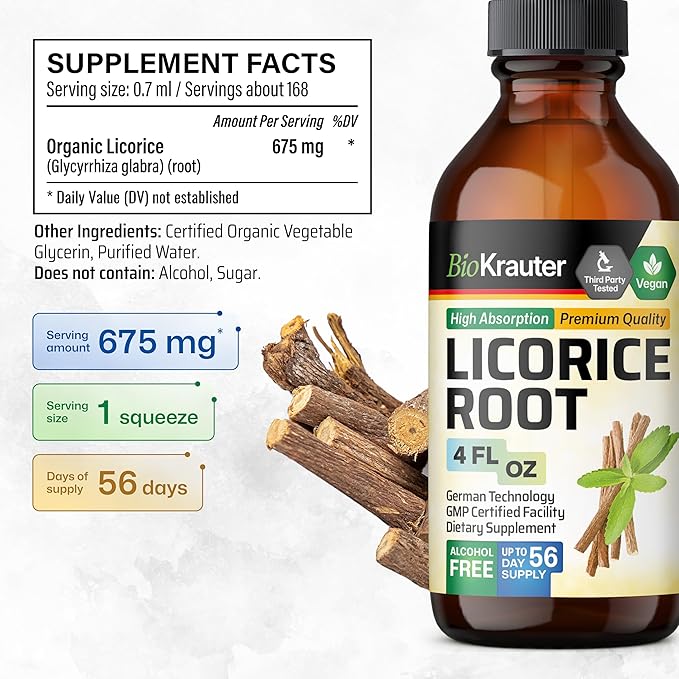 BIO KRAUTER Licorice Root Tincture - Licorice Root Extract for Digestive Support - Alcohol and Sugar Free - Vegan Drops 4 Fl.Oz.