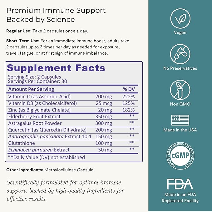 Immune Support Supplement with Vitamin C and Zinc, Sambucus Elderberry, Vitamin D3, Glutathione, Echinacea Capsules - Natural Immune Booster Herbal Supplements - Vegan, Gluten-Free (60ct)