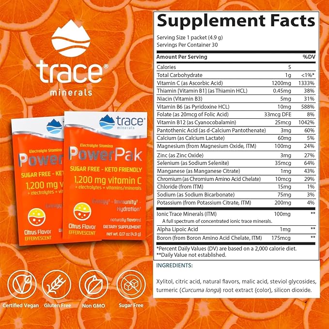 Trace Minerals Power Pak Sugar-Free - Immune & Energy Health Support - Powder Drink Mix with Vitamins & Minerals - Supports Hydration & Mineral Absorption - Citrus, 30 Packets (30 Servings)