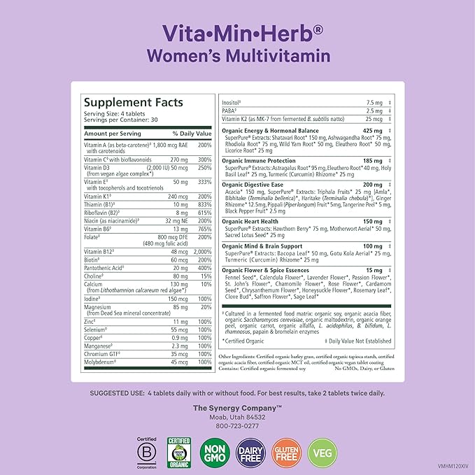 PURE SYNERGY Vita·Min·Herb for Women | Women’s Comprehensive Multivitamin Supplement | Made with Organic Whole Food Non-GMO & Vegan Ingredients | Supports Energy & Immune Health (120 Tablets)
