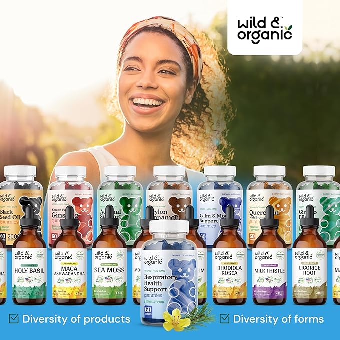 Wild & Organic Lung Detox Gummies - 1000 mg Mullein Gummies for Lungs Cleanse - Natural Supplements with Mullein Leaf Extract and Mushroom Blend - 60 Vegan, Non-GMO Chews