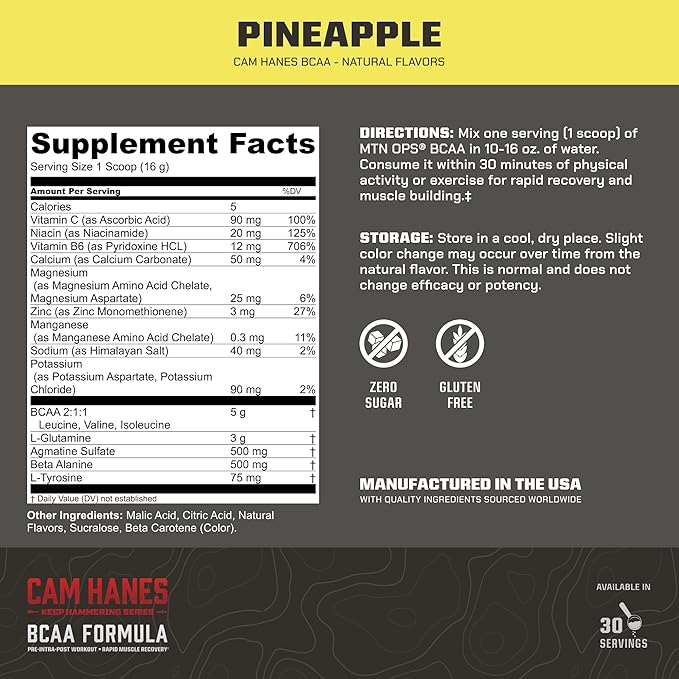 MTN OPS BCAA Powder, 2:1:1 Amino Acids Supplement Powder for Rapid Muscle Recovery & Repair with Zero Sugar & Gluten Free - 30-Serving Tub Pineapple Flavor, Cameron Hanes Keep Hammering Series
