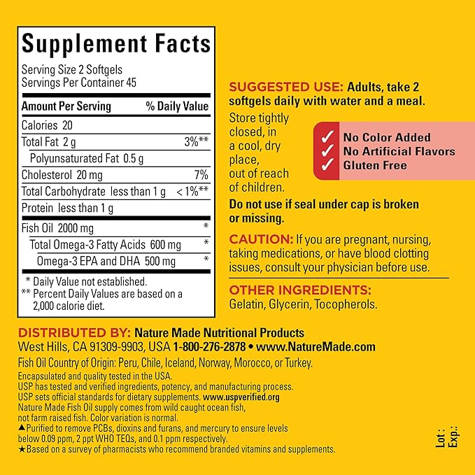 Nature Made Fish Oil Omega 3 Supplements, 1000 mg Softgels, Omega 3 Fish Oil for Healthy Heart Support, 90 Softgels, 45 Day Supply