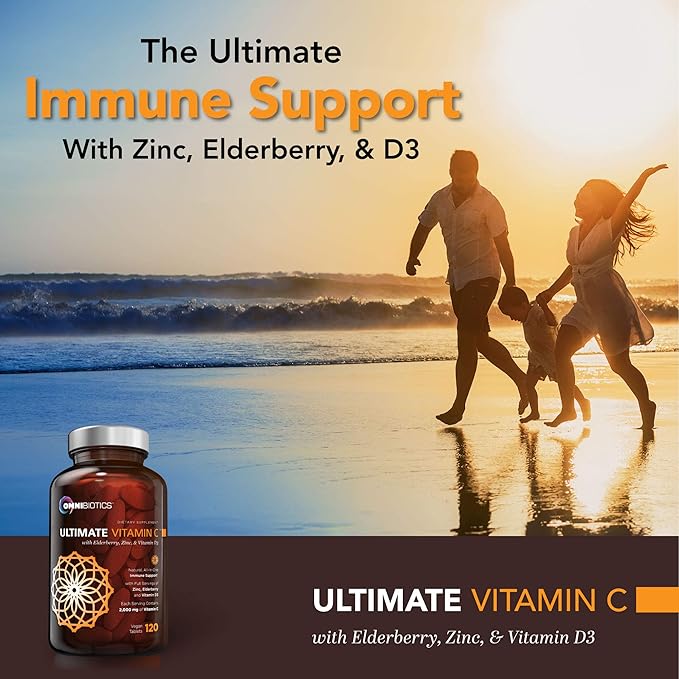 Ultimate Vitamin C Supplement 2000mg with Zinc, Elderberry Extract, D3 - High Potency Vitamin C for Immune Support, Antioxidant, and Collagen Booster. Non-GMO, Gluten Free - 120 Vegan Tablets