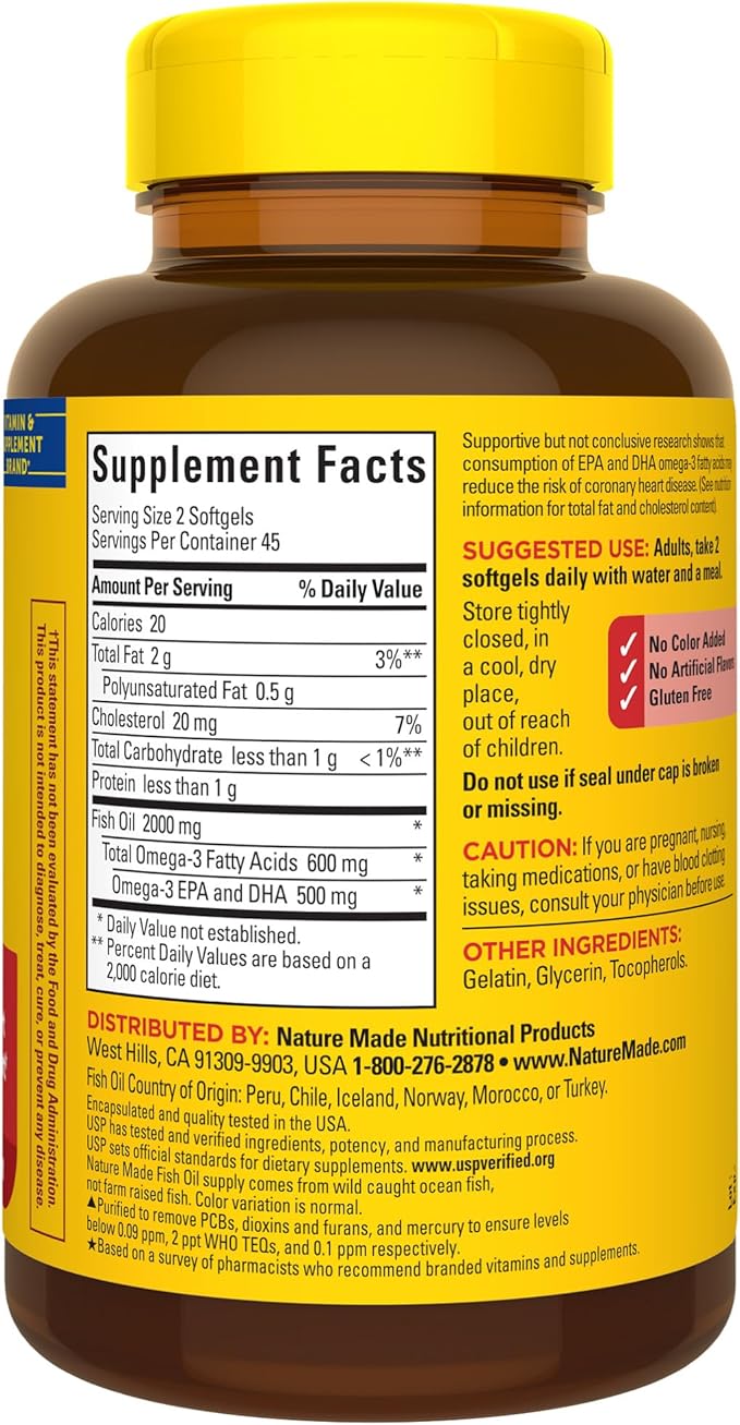 Nature Made Fish Oil Omega 3 Supplements, 1000 mg Softgels, Omega 3 Fish Oil for Healthy Heart Support, 90 Softgels, 45 Day Supply